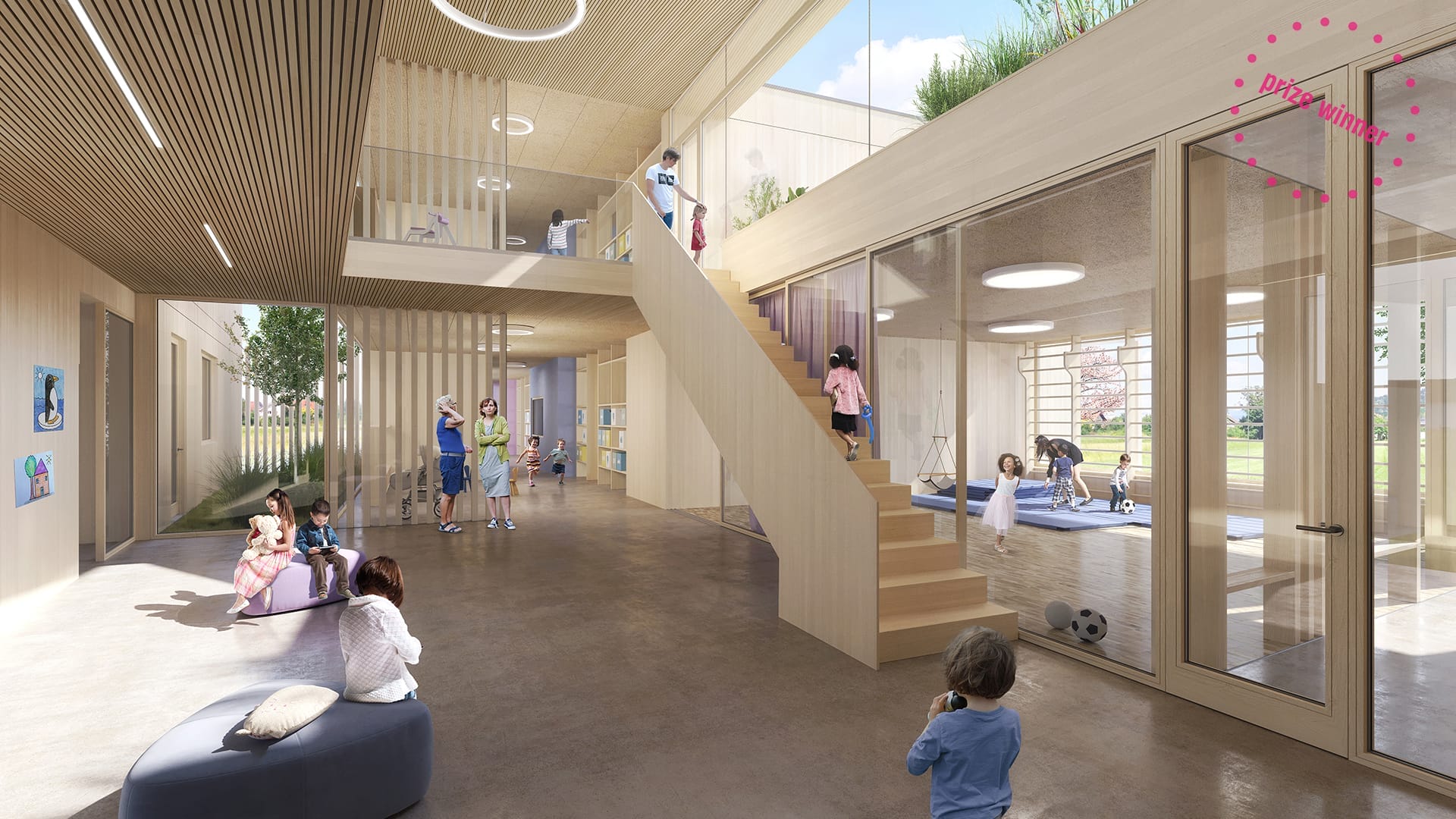 lostinarchitecture_Kindergarten Aula mit Blick in den Bewegungsraum und Freiräume- Wettbewerb Klosterneuburg ISTA