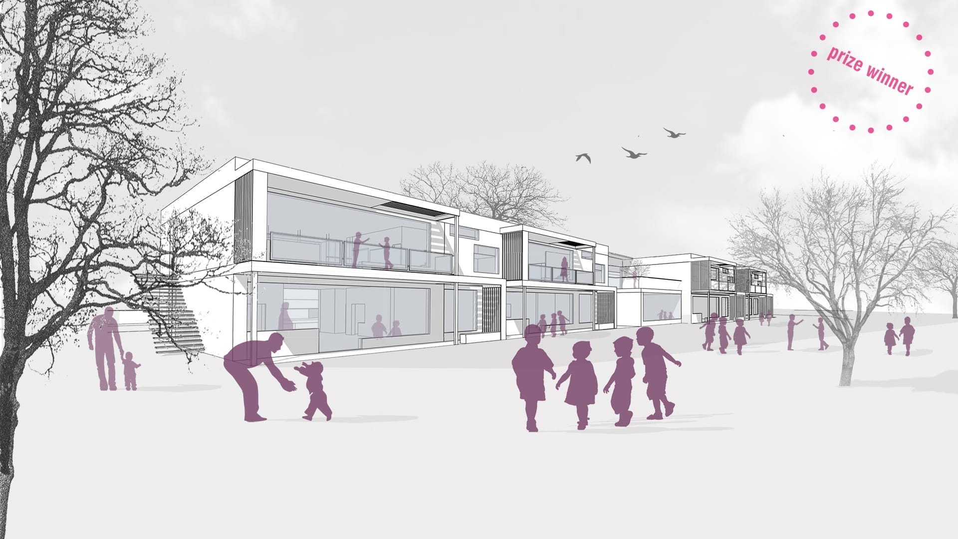 lostinarchitecture_Wettbewerb_Kindergarten ISTA3_Klosterneuburg, Spielbereich und Garten der einzelnen Gruppen