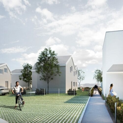 Wohnsiedlung im Burgenland, wobei die Haustypen an die Dorfstruktur angepasst wurde